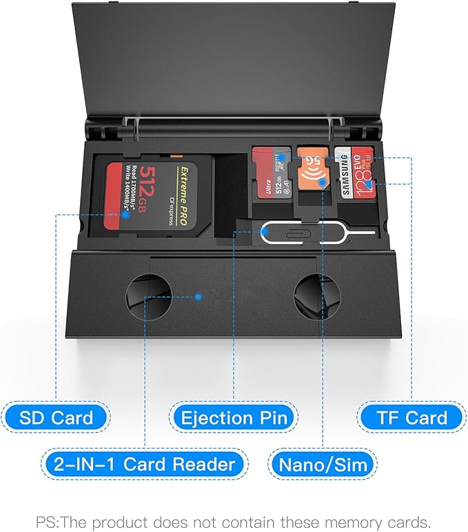 RayCue Multi-Function Card Reader Storage Box, USB3.0 High Speed Mobile Phone Memory/TF Card/SD Card/SIM Card/Card Pin Type-c Storage Box, for Type-c Laptop, iPhone, etc, Black