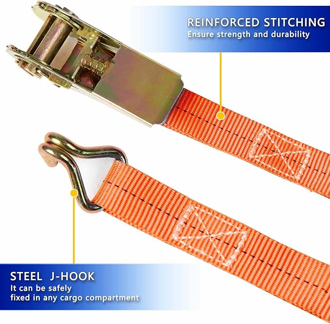 Ratchet Straps (4-Pack), 1 Inch x 16.4 Feet (2200lb Break Strength) with Sturdy Metal Hooks, 1x Work Gloves, Heavy Duty Tie Down Straps for Truck, Cargo Trailer, Motorcycle, Luggage, Moving (Orange)