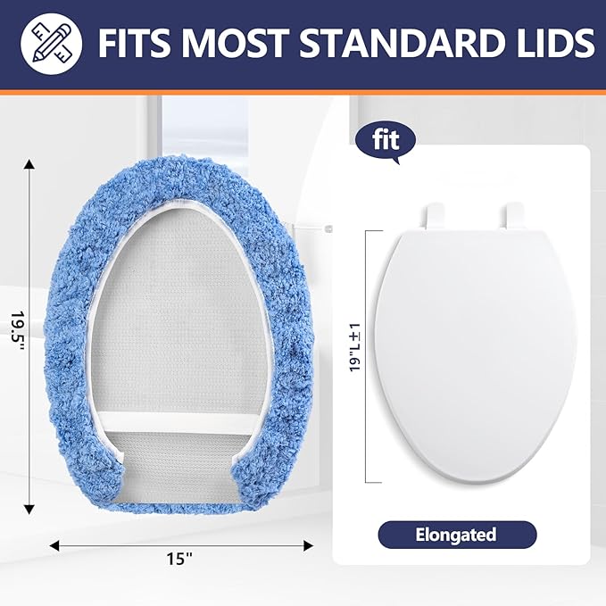 Microfiber Elongated Toilet Seat Cover 19.5"x 15" Machine Washable Solid Toilet Lid Cover Adjustable Rubber Backing Fits Most 18-19.5" L x 14-16" W Elongated Toilet Seat