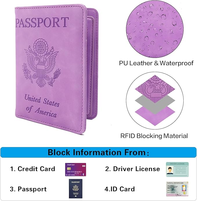 Melsbrinna RFID Passport Holder for Travel, Unisex Adults, Purple, Faux Leather, Travel Wallet, Passport Cover, RFID Protected
