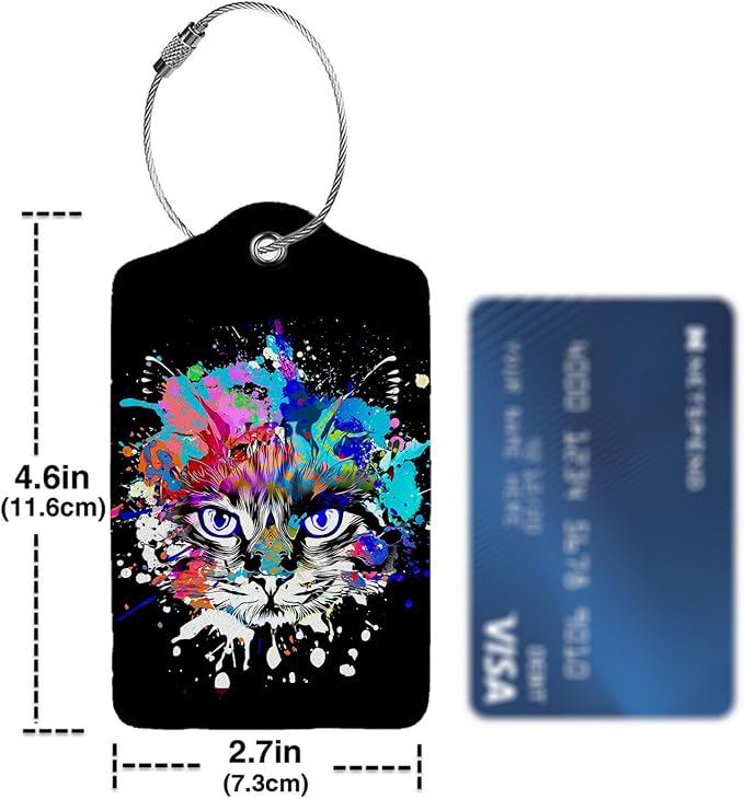 Colorful Cat Head 2 Pack Luggage Tag for Suitcase, Leather Bag Tags Identifiers Privacy Cover ID Label with Steel Loop for Women Men Kids Girls Travel