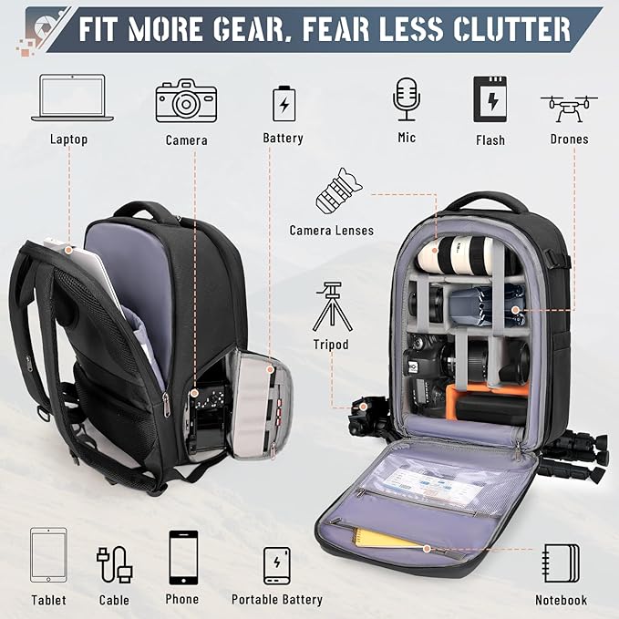 RAINSMORE Camera Backpack Hard Shell for DSLR/SLR Waterproof Camera Bag with Laptop Compartment 15.6 Inch Professional Camera Case with Rain Cover Photography Backpack Bag with Camera Lens Case Black