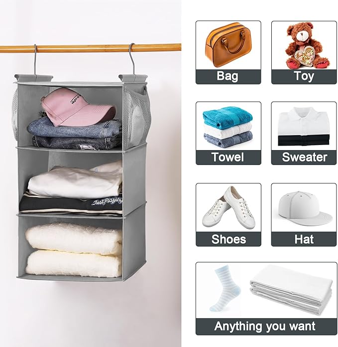 MAX Houser 3 Tier Shelf Hanging Closet Organizer, Space Saver,Closet Hanging Shelf with 2 Sturdy Hooks for Storage, Foldable (Grey)
