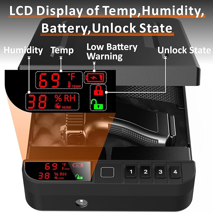 Portable Gun Pistol Safe with LCD Display of Temp,Humidity,Biometric Fingerprint,Keypad Lock,Key,Biometric Handgun Safe for Travel/Home/Car/Nightstand Beside (Black)