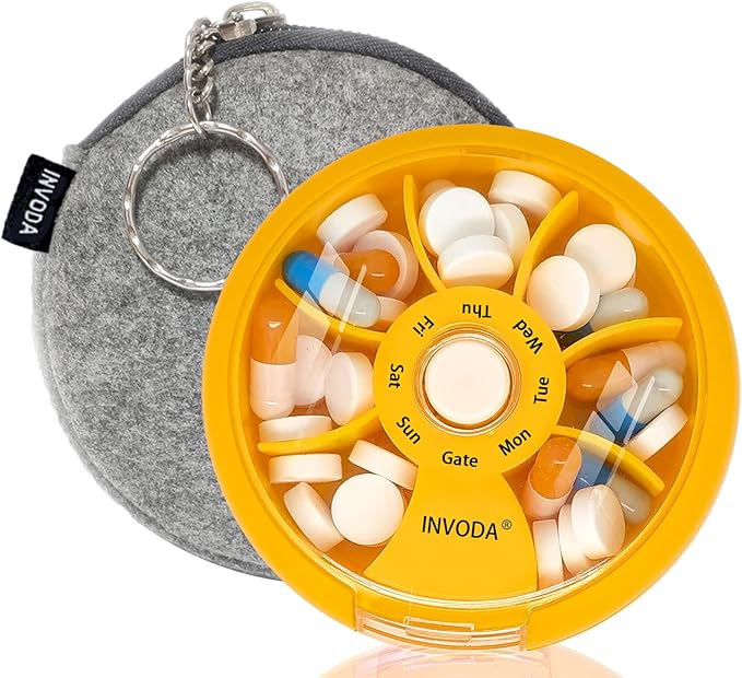 INVODA Weekly Pill Organizer 7 Compartment Rotating Pill Box for Daily Medication & Vitamins - Portable Travel Pill Case Fish Oil Supplements Vitamins Organizer (Orange+Bag)
