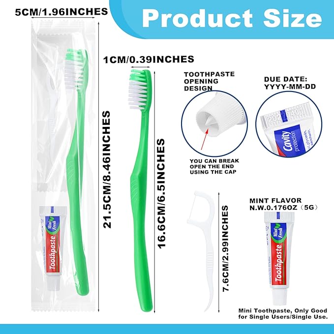 Disposable Toothbrushes with Toothpaste and Floss,30Pcs Green Single Use Individually Wrapped Disposable Travel Toothbrushes and Dental Floss Kit Bulk for Homeless,Airbnb,Hotel,Dentist