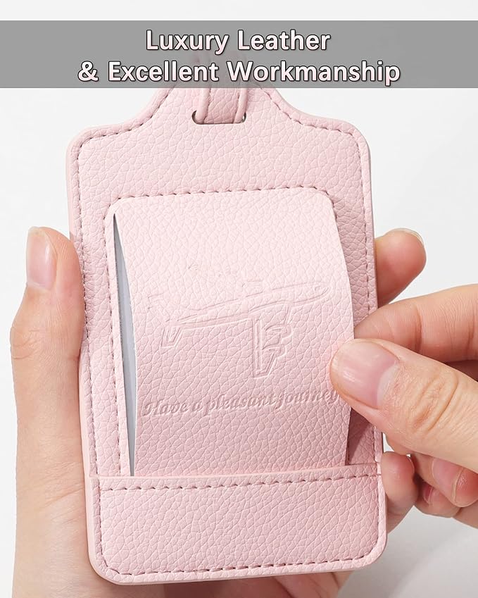 Teskyer Luggage Tags, 3 Pack Premium PU Leather Luggage Tags for Suitcases, Privacy Protection Travel Bag Tags, Lichee Light Pink