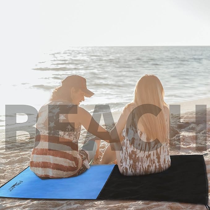 Frelaxy Pocket Picnic Blanket, Waterproof Sandproof Beach Mat, Compact Camping Tarp for Festivals, Hiking, Travel, Outdoor Recreation (Blue, 28'' x 47'')