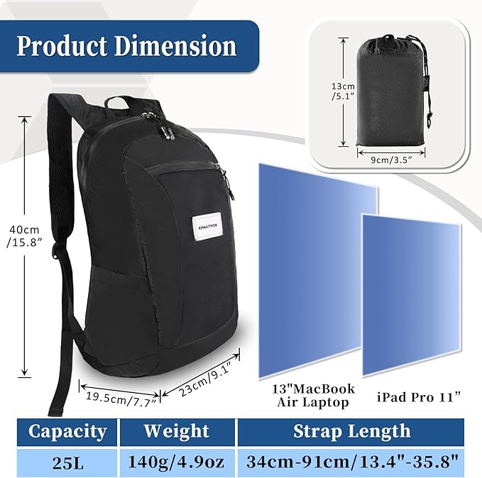Hiking Daypack - Lightweight & Water-Resistant Portable Backpack for Travel, Camping, Outdoor Adventures(25L, black)