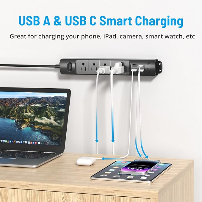 TROND Surge Protector Power Strip with USB, Ultra Thin Flat Plug 10ft Long Extension Cord 1625W, 3 USB A & 1 Type C, 4 AC Outlets 1440J Surge Protection Wall Mount for Home Office Dorm Room, Black