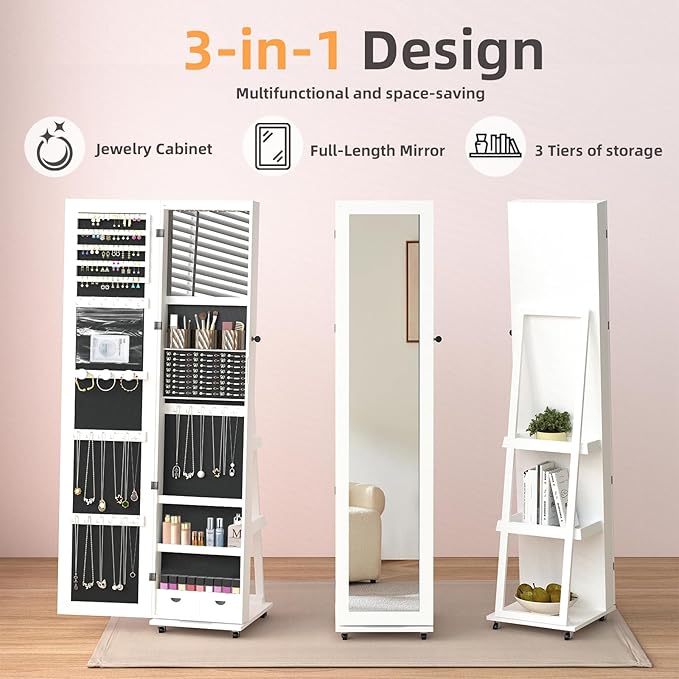 RQZ 360° Rotating Jewelry Organizer with Lights, 8 LEDs Jewelry Cabinet Armoire Standing, Lockable Jewelry Storage with Full-Length Mirror, 4 Storage Shelves, Interior Mirror(65.35" H)