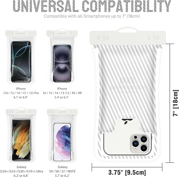 Waterproof Phone Pouch [Floating Airbag Design] Universal IPX8 Cellphone Case Dry Bag with Lanyard for iPhone 16 15 14 13 Pro Max Galaxy S24 S23 Phones Up to 6.9'' for Beach Vacation, White