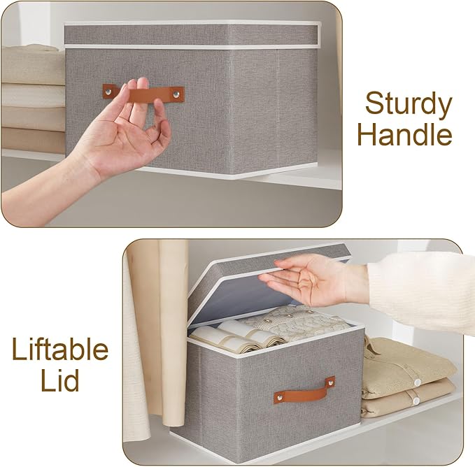 Collapsible Storage Bins with Lids, 1 Pack Linen Foldable Cloth Baskets, 15 x 9.8 x 9.8 Inch Closet Organizer Containers with Double Handles, Sweater Boxes for Bedroom, Grey