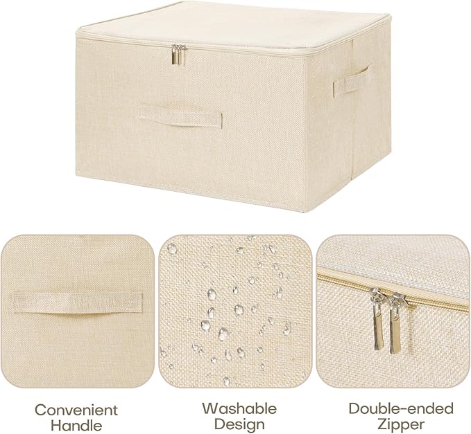 ANMINY 3PCS Storage Bins with Zipper Lids 51.9 Qt Lidded Fabric Storage Boxes Baskets Cubes with Handles Collapsible Washable Cotton Linen Closet Shelf Clothes Organizer - Beige, Extra Large