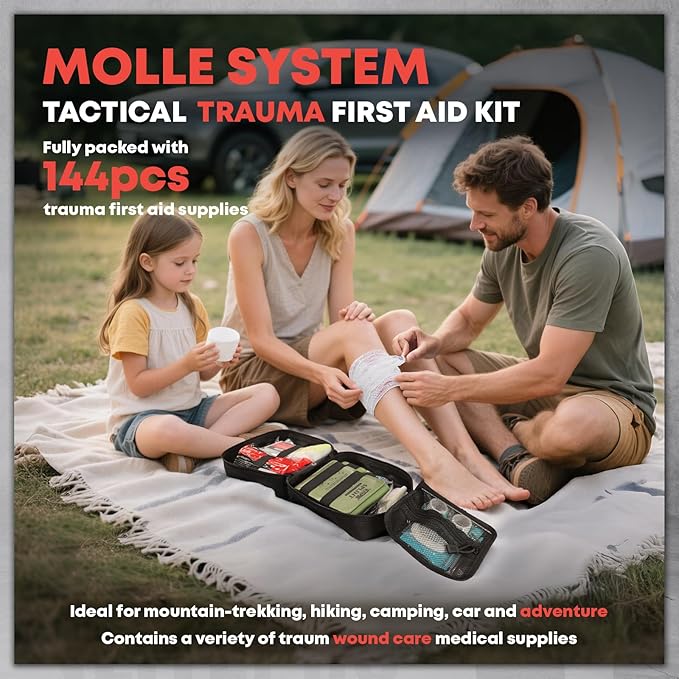 Advanced Trauma First Aid Kit - Emergency Camping Gear with Tourniquet, Compression Bandage, 36" Splint | Portable Survival Gear for Outdoor, Home, Camping- Gift for Husband Dad and Wife-Black