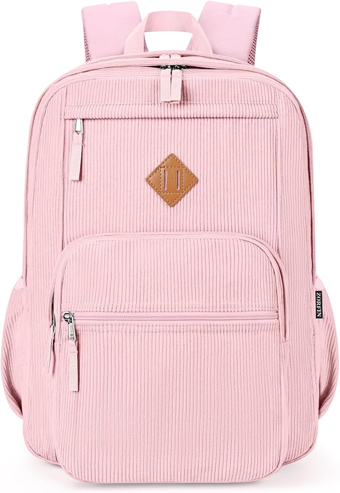 ZORFIN 26L Backpack for College, and Travel: Corduroy Bookbag - Light Pink