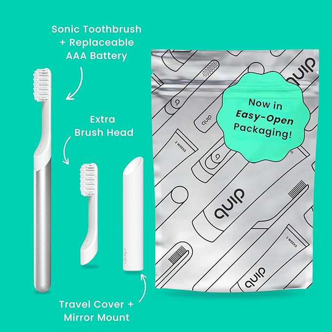 Quip Sonic Toothbrush for Adults with Timer - Includes Extra Brush Head and Travel Cover Mount - Electric, Soft Bristle Refill Head, Metal Handle, 3 Month Battery Life - Travel Toothbrush - Silver