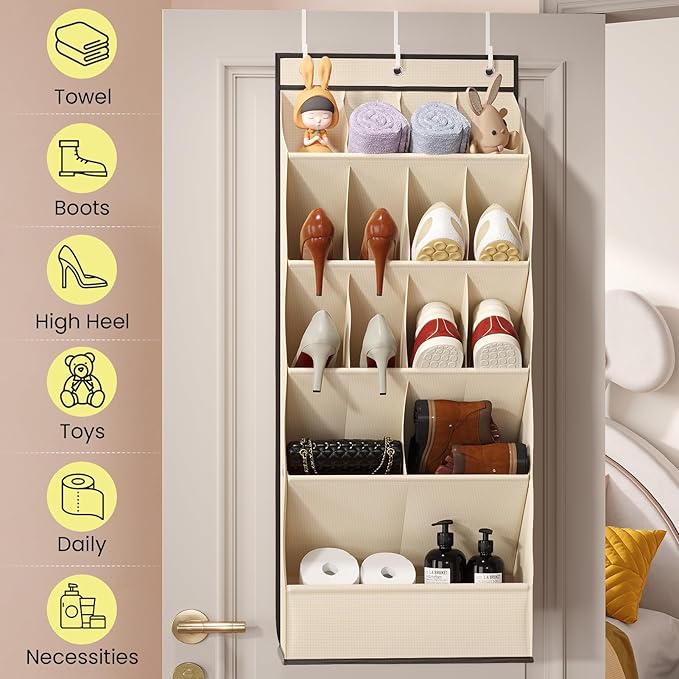 Over the Door Shoe Organizer for Closet, Shoes Rack for Closet with 15 Large Pockets, Hanging Shoe Organizers for Boot Storage, Behind the Door Narrow Shoe Holder for Small Shoes, Beige