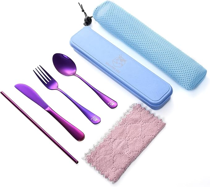 Boulder Bee | Travel Utensils Set | Reusable Camping Cutlery Set | Stainless Steel Flatware Set | Portable Silverware Set with Case | Includes Knife/Fork/Spoon/Straw/Cleaning Cloth/Case (Purple)