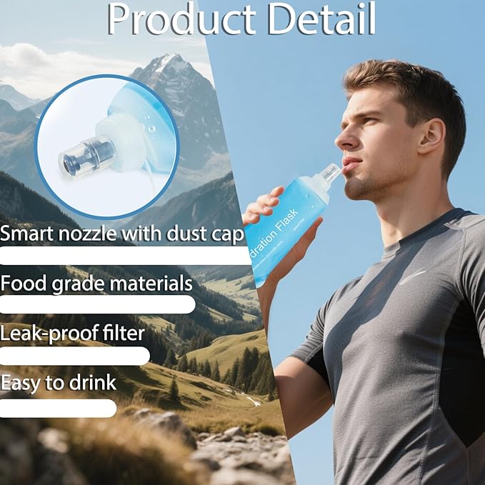 CLINTT 500ml Soft Flask, Foldable Running Water Bottle, TPU Folding Soft Water Flask, BPA-Free Collapsible Flask for Hydration Pack Running Vest, Cycling, Climbing, Hiking - 2Pcs, Blue