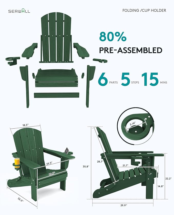SERWALL Adirondack Chair with Cup Holders - Composite Adirondack Chairs Set of 6 HDPE Outdoor Chairs All Weather Use- Green