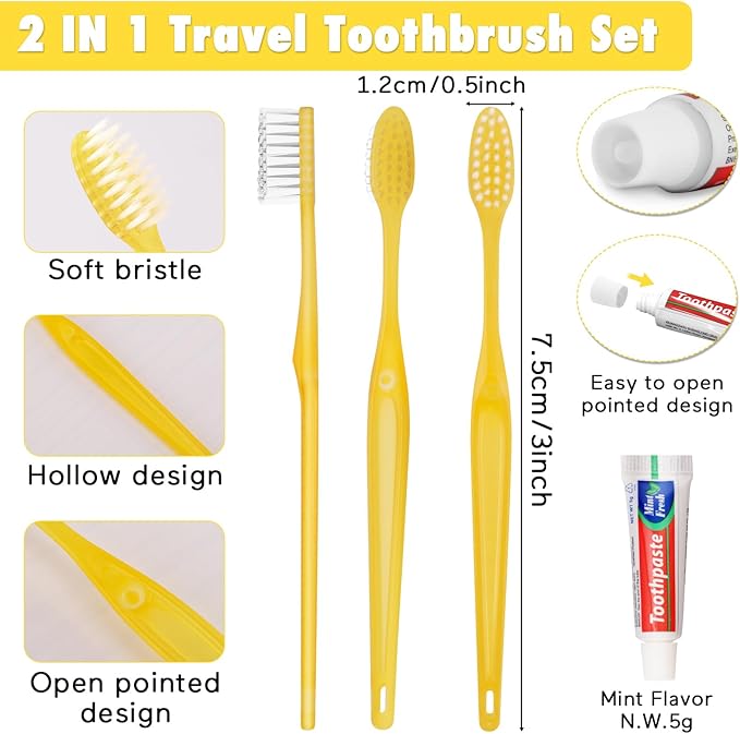 HOFASON Disposable Toothbrushes with Toothpaste Pack of 20, Yellow Hollow Travel Toothbrush Set with 5g Toothpaste Individually Wrapped Toothpaste Bulk for Homeless, Nursing Home, Shelter, Hotel