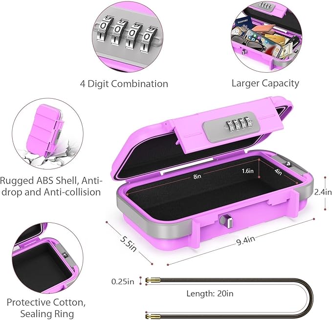 LOFICOPER Portable Safe Box, Travel Safe Lock Box, Waterproof Beach Lock Box, Personal Security Case, with Combination Code, Detachable Steel Rope, for Travel, Beach, Hotel, Home, Office, Pink
