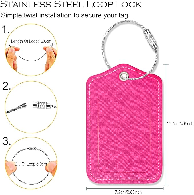 Luggage Tags for Suitcases-Leather Luggage Tag 4 Pack with Loops Cute Bag/Backpack/Suitcase Tags Travel Essentials for Flying (Pink)