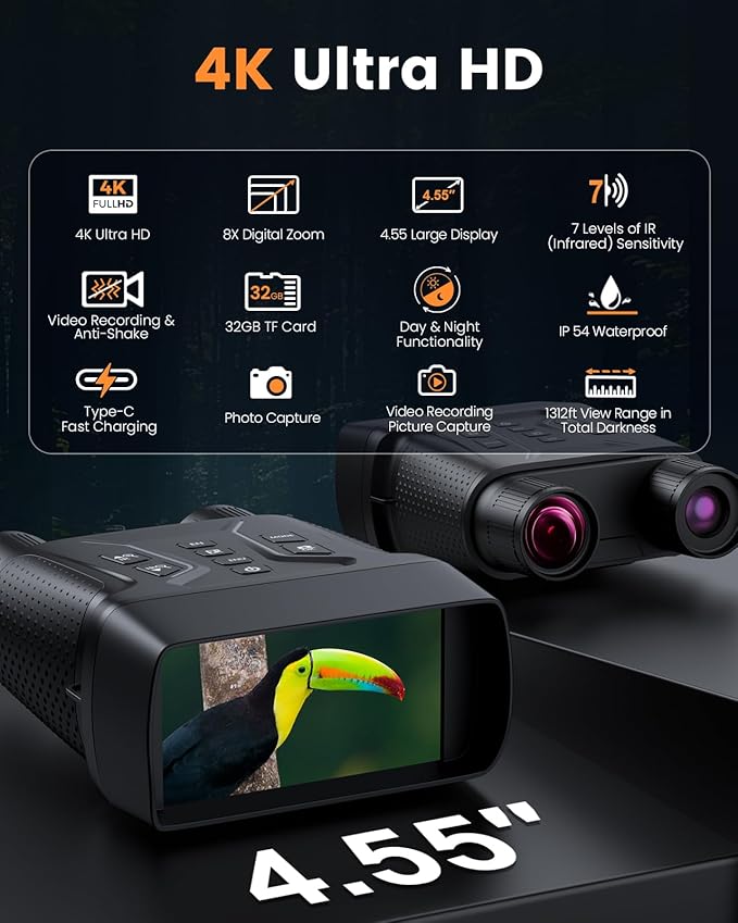 Upgraded Night Vision Goggles, 4k Night Vision Binoculars, 4.55" Large Display, 1312 FT Full Dark, 32GB, 8X Digital Zoom, 36MP 7-L IR Night Vision for Camping, Bird Watching, Hunting, Gifts for Dad