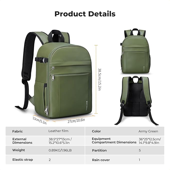 K&F CONCEPT Camera Backpack Bag, Professional DSLR/SLR/Mirrorless Camera Bag with Tripod Holder & Rain Cover, Waterproof Photography Camera Case Compatible with Canon/Sony/Nikon/FUJIFILM