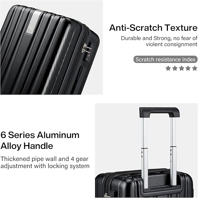 Hanke 20 Inch Expandable Carry on Luggage 22x14x9 Airline Approved Lightweight PC Hard Shell Suitcases with Wheels Travel Luggage Rolling Suitcase Travel Luggage Bag for Weekender(Jet Black)