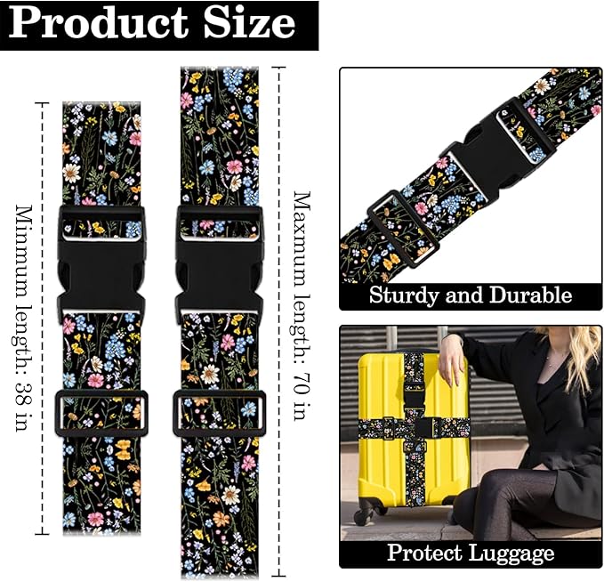 2 Pack Wildflower Luggage Straps for Suitcases Adjustable Travel Belt Luggage Tie Carry On Bag Suitcase Strap to Keep Suitcase Secure While Traveling