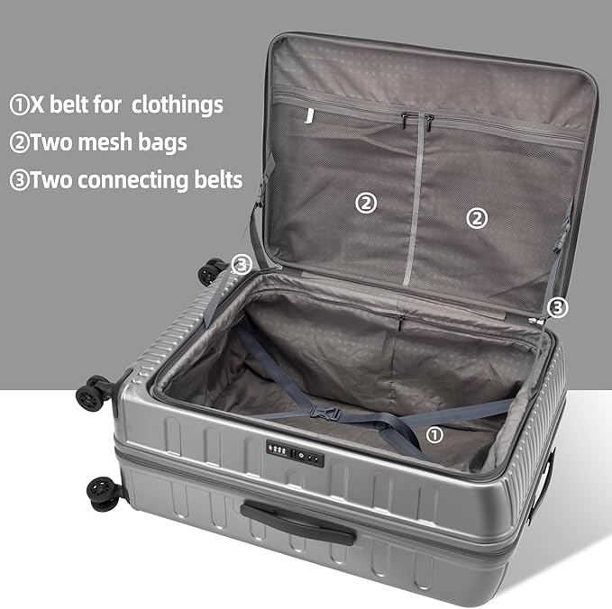 29 Inch Luggage with Expansion & Side Opening Design, 50 * 31(35)*76cm, 117L~133L Ligthweight ABS+PC Hardshell Checked Suitcase, Gray