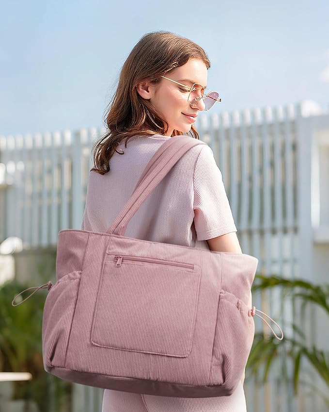 ECOHUB Tote Bag for Women, Work Tote Bags with Laptop Compartment, Large Corduroy Tote Bag with Stanley Cup Holder