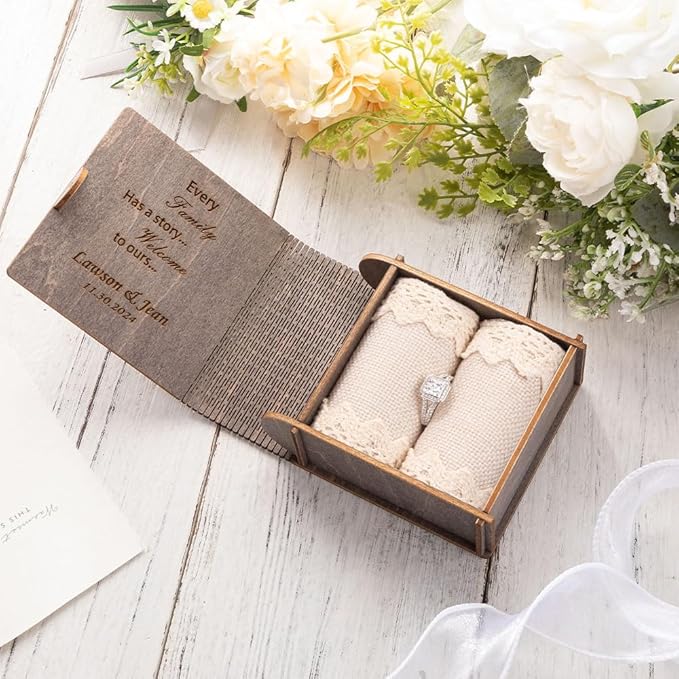 Personalized Double Ring Box – Rustic Wooden Engagement & Wedding Ring Holder with Wedding Ring Bearer Pillow - Engraved Proposal Jewelry Case Gift
