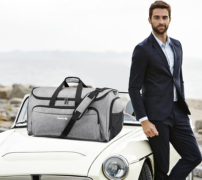 Hanke Carry on Garment Bags for Travel,Convertible Duffle Bag Luggage Bag Weekend Bag with Shoe Compartment,2 in 1 Hanging Suitcase Suit Bag for Men Women,Light Grey
