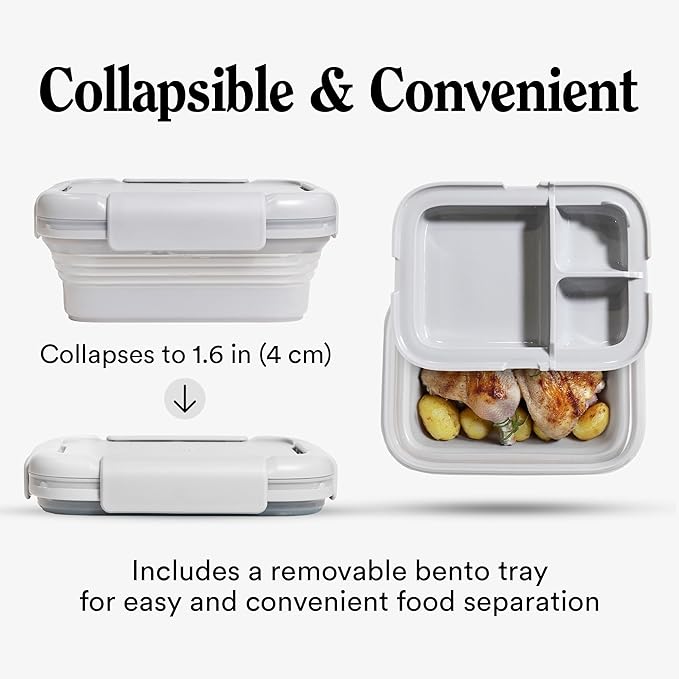 STOJO Collapsible Bento Box, Reusable, Leak-Proof, Microwave & Dishwasher Safe, Premium Lunch Container with Divider – Space-Saving, Transparent Design (Cashmere, 6-Cup/1.5L)