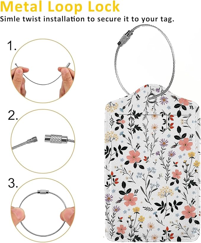 Blooming Flowers Luggage Tags for Suitcases,2 Pack Luggage Tag, Leather Stainless Steel Loop Label Tag for Women Girl Travel Bag Suitcase