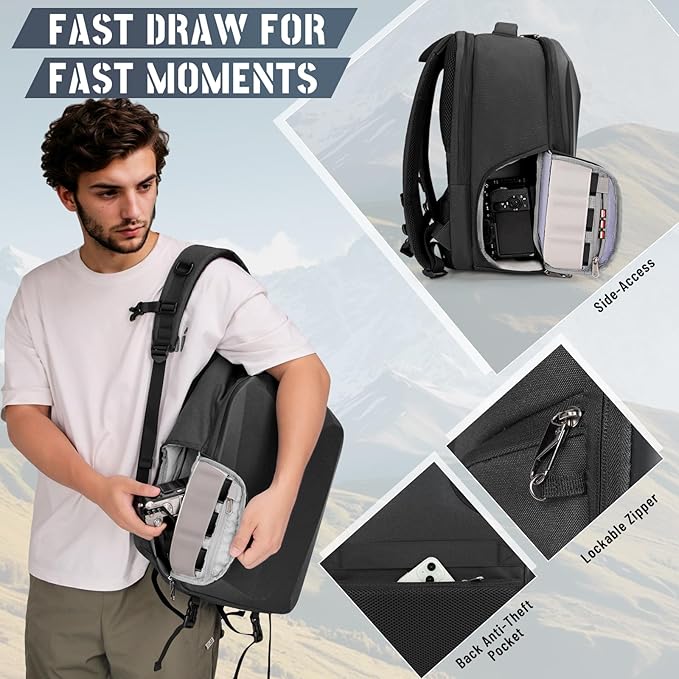 RAINSMORE Camera Backpack Hard Shell for DSLR/SLR Waterproof Camera Bag with Laptop Compartment 15.6 Inch Professional Camera Case with Rain Cover Photography Backpack Bag with Camera Lens Case Black