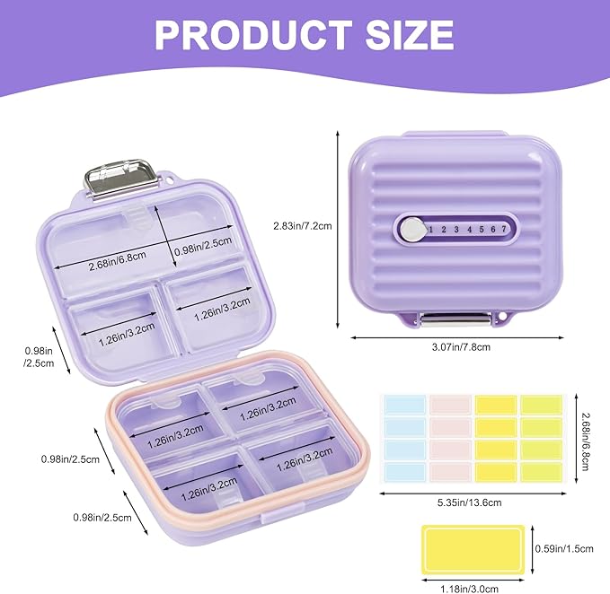 Travel Pill Organizer Box with Labels, 7 Compartments Portable Mini Pill Case, Daily Medication Organizer Storage Pill Container for Pocket Pharmacy(Purple, S)
