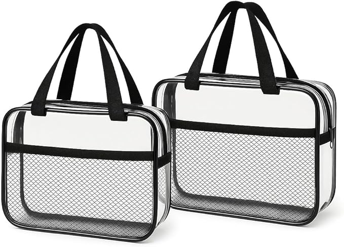 XEWEA 2PCS Middle TSA Approved Clear Travel Toiletry Bags for Men Women, Transparent Makeup Cosmetic Bag with Handle Zipper, Waterproof PVC Quart Organizer Pouch for Airport Airline Essential, Balck