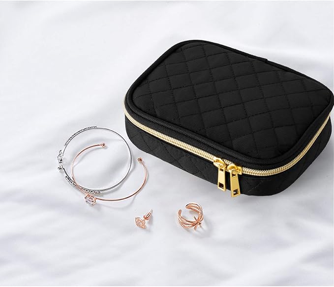 Teamoy Small Jewelry Travel Case, Portable Jewelry Organizer Bag for Earrings, Necklace, Rings and More (Small, Quilted- Black)