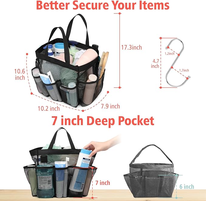 F-color Mesh Shower Caddy Portable with 2 Pack Name Tags, Upgrade Deeper 7 Pockets Shower Bag Tote for College Dorm Room Toiletry Bathroom Essentials Gym Camp Quick Dry 2 handles with S Hook, Black