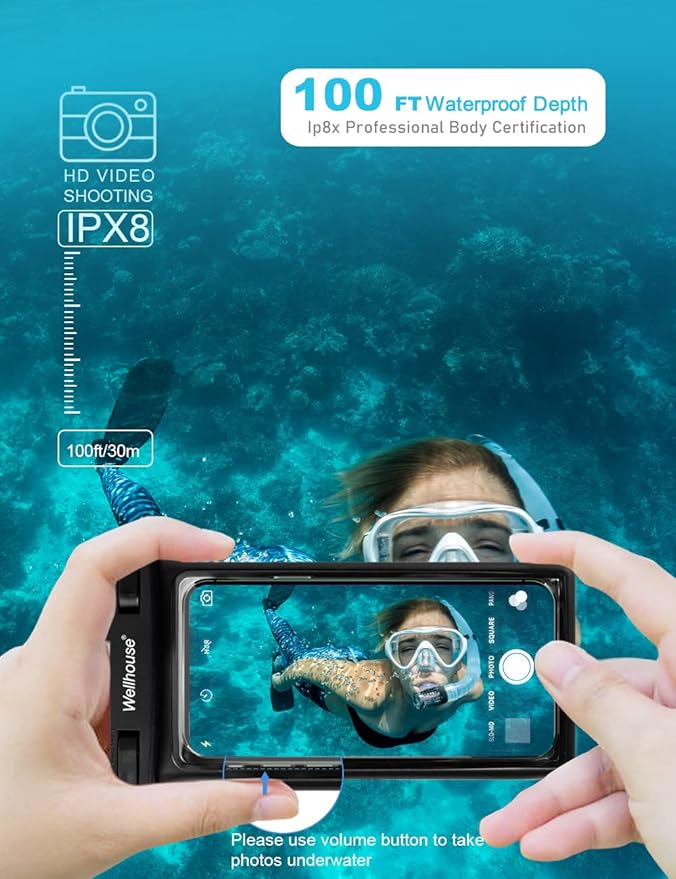 wellhouse Waterproof Phone Pouch, Waterproof Phone Case for iPhone 16 15 14 13 12 Pro Max XS Samsung, IPX8 3D Cellphone Dry Bag Beach Essentials (1 Pack - Black7.0, 7 inch)