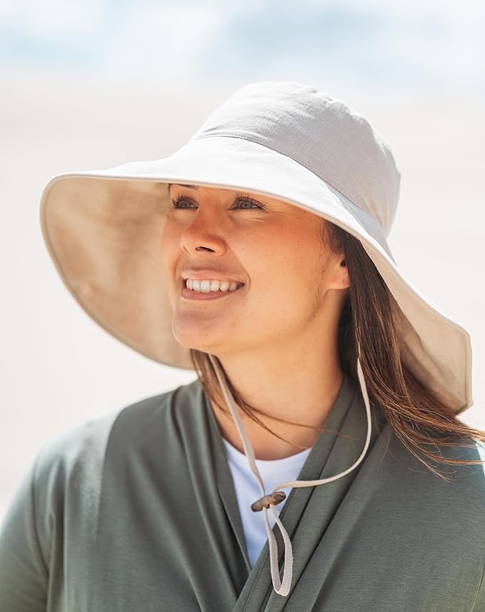 Solbari Women’s Ultra-Wide Cotton Linen Sun Hat UPF 50+, Packable, Adjustable with Ponytail Hole for Travel, Beach & Outdoors