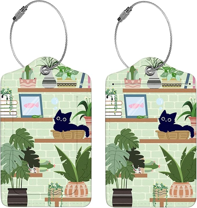 2 Pcs Luggage Tags for Suitcase, Cute Unique PU Leather Travel Bag Tag with Privacy Cover ID Label Address Card and Durable Metal Ring Suitable for Men Women Children Backpack,Cat On The Shelf