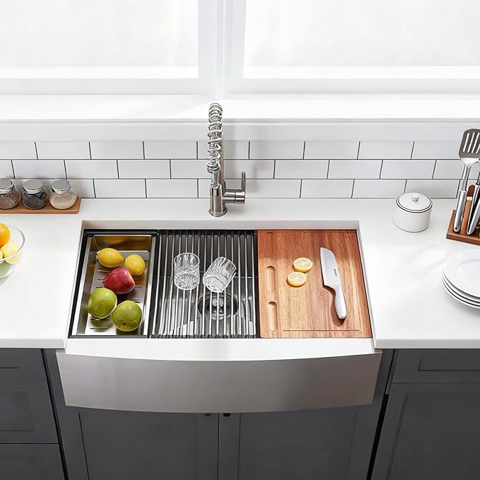 Farmhouse Sink 33 Inch, 33x22 Inch Apron Front Farmhouse Kitchen Sink, 16 Gauge Stainless Steel Undermount Ledge Workstation Deep Single Bowl Luxury Rustic Farm Sinks with All Accessories
