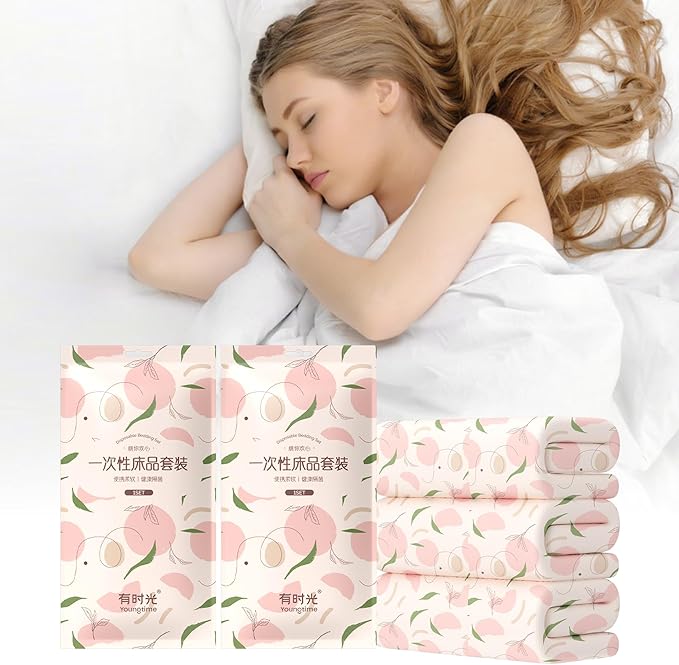 YOUNGTIME Disposable Bed Sheets Fitted Sheet,Disposable Portable Bedding Set with 2 Bed Sheet 2 Quilt Cover and 4 Pillowcase for Travel Hotel SPA,Peach,2 Pack