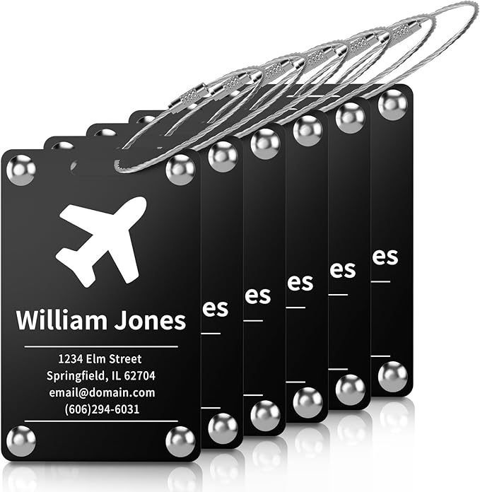 6 Pack Personalized Luggage Tags for Suitcases, Handmade Engraved Stainless Steel Custom Luggage Tags for Cruise Travel with Stainless Loop, Suitcase Identifier Metal Name Baggage Tag