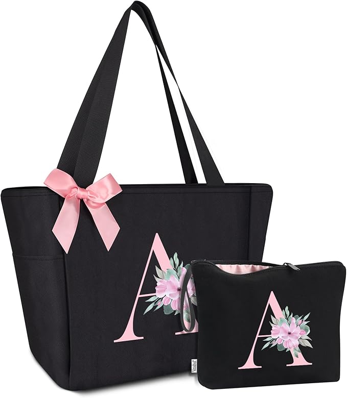 Vavabox Tote Bag, A-Z Initial Monogrammed Waterproof Tote Bag, Bridesmaid Gifts for Women, Black and Pink